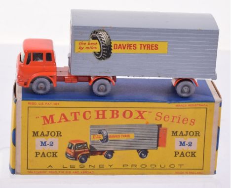 Matchbox Major Pack M-2 Bedford Tractor  and York Trailer ‘Davies Tyres’ orange cab, silver trailer, grey plastic wheels, in 