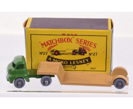 Boxed Matchbox Moko Lesney 27b Bedford Low Loader, dark green cab, light brown trailer, grey plastic wheels, in excellent to 