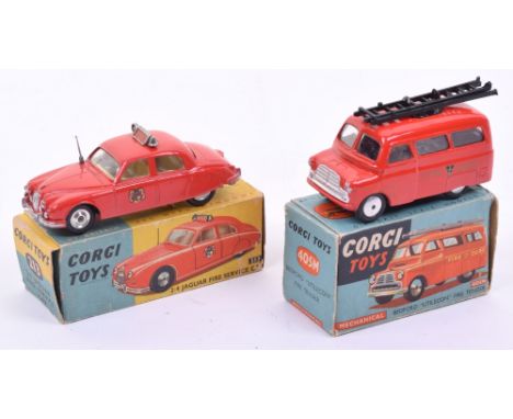 Two Boxed Corgi Toys Emergency Vehicles, 213S Jaguar 2.4 Jaguar Fire Service Car, red body, lemon interior, shaped spun hubs,