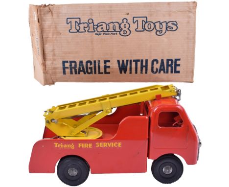 Scarce Boxed Triang Toys Diesel Fire Engine 6015, red pressed steel body, yellow ladder, when fire engine is pulled along ‘be