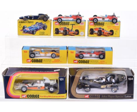 Seven Boxed Corgi Toys Racing Cars, 151 Yardley Mclaren M19A, 154 John Player Special Lotus, 156 Cooper Maserati,  3x158 Lotu