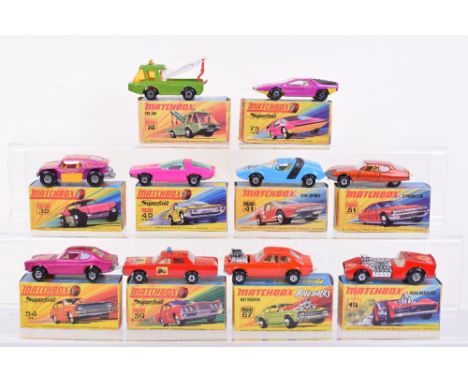 Matchbox ten Superfast Models, 19b Road Dragster, 30b Beach Buggy, 40b Vauxhall Guildsman, 41b Siva Spyder, light blue, clear