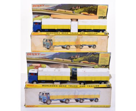 Two Boxed Dinky Toys 917 Mercedes Truck & Trailers, both with blue cabs/chassis, white roofs, yellow trailers, white plastic 