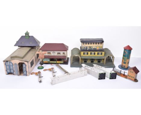 0 gauge locomotives, coaches, rolling stock and buildings, Bing c/w 0-4-0 locomotive, lacks tender, another lacks tender, han