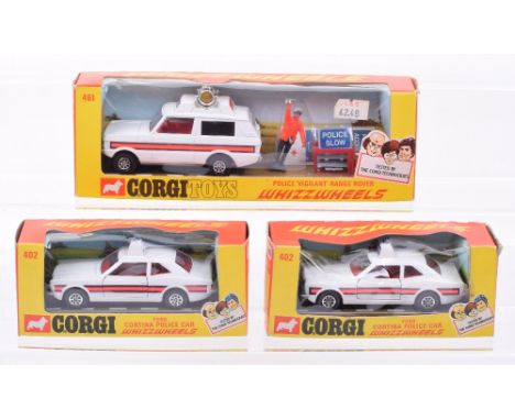 Three  Boxed Corgi Toys Whizzwheels Police Models, 2x402 Ford Cortina Police Cars, models are in excellent  condition, boxes 