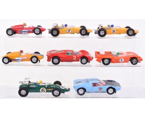 Eight unboxed Scalextric Slot Cars, including 2x C6 Panther racing cars, C8 Lotus Indianapolis, 2x C80 Offenhauser rear engin