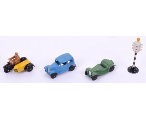 Dinky Toys 44b AA Motor Cycle Patrol, 35a Austin 7 saloon, mid blue body, 35c MG Sports Car, green body and 47b three face Tr