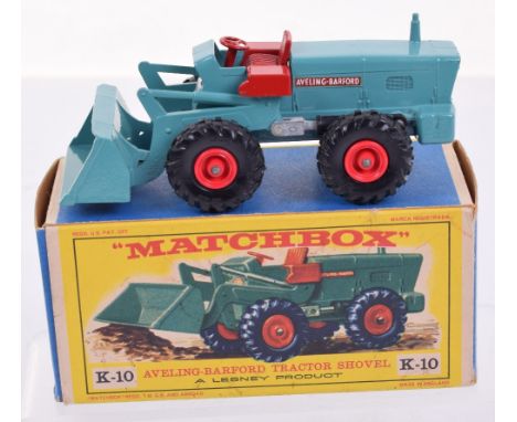 Scarce Matchbox Kingsize K-10 Aveling-Barford Tractor Shovel, sea green body, maroon seats/steering wheel, red plastic wheel 