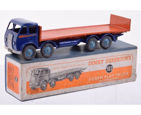Dinky boxed 503 Foden Flat truck with tailboard, 1st type deep blue cab and chassis, orange flash and back, light blue hubs, 