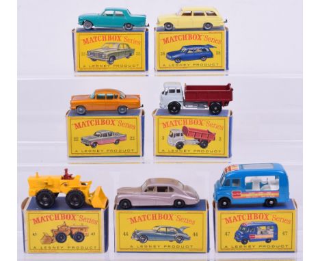 Seven boxed Matchbox Regular Wheels, 3b Bedford end tipper, grey and maroon BPW, 22b Vauxhall Cresta, metallic copper SPW, 33