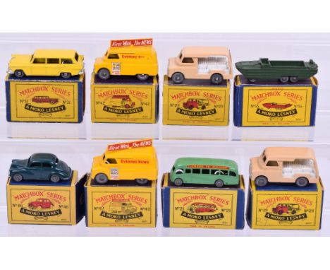 Matchbox eight Moko Lesney Models, 21a Bedford coach, green London to Glasgow, MW, 29a Bedford Milk delivery van, light brown