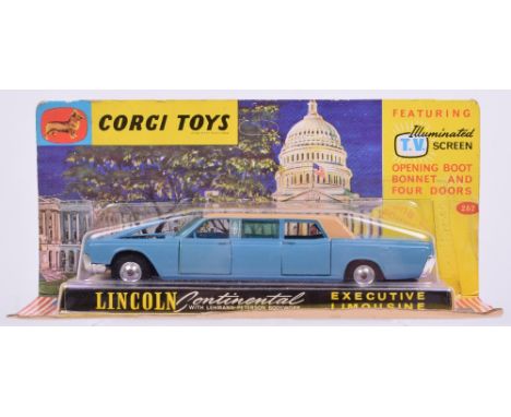 Scarce Corgi Toys 262 Lincoln Continental Executive Limousine, light blue, tan roof spun wheel hubs, in bubble pack, instruct