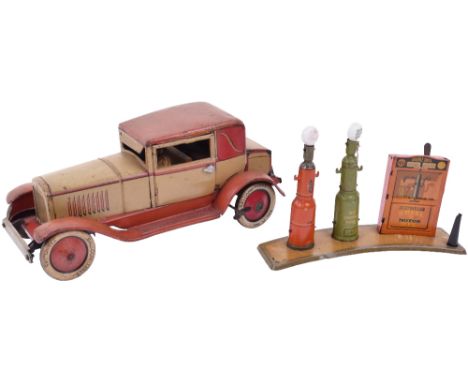 J.Distler 3746 tinplate clockwork Limousine, tan and red car with running boards, rear mounted trunk, 3746 number plate, chau