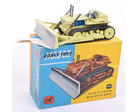 Corgi  Major Toys 1102 Euclid TC-12 Tractor With Dozer Blade, lime green body, black rubber tracks, in  good condition, some 