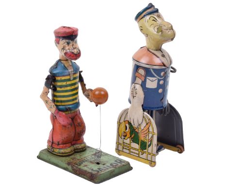 Marx tinplate Walking Popeye, tin printed in various colours, Popeye with parrot cages, tinplate pipe and clockwork mechanism