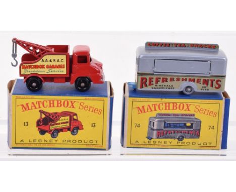 Two Boxed Matchbox Lesney Regular Wheels, 13c Thames Trader wreck Truck, black plastic wheels , silver hook and 74a Mobile Ca