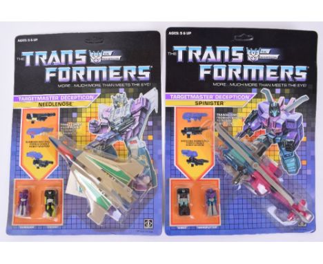 Two Original Carded Hasbro G1 Transformers, Targetmaster Deception ‘Needlenose and Spinster’  1987 issues transforms from pla