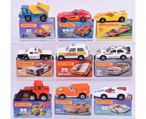 Matchbox nine Superfast Models, scarce 7b Hairy Hustler with yellow body, 10c Plymouth Police Car, rare variation 20b Police 
