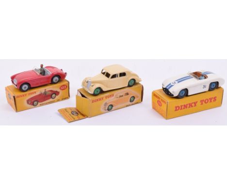 Three Original Boxed Dinky Toys Cars, 103 Austin-Healey ‘100’ Sports, red body, grey interior/wheel hubs, in good to very goo