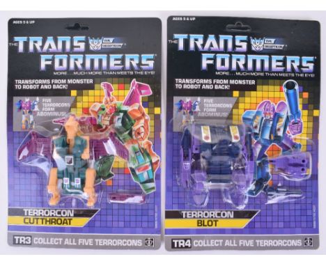 Two Original Carded Hasbro G1 Transformers, TR3 Terrorcon ‘Cutthroat’ and TR4 Terrorcon ‘Blot’ 1987 issues transforms from mo