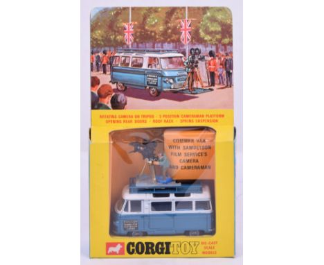 Corgi Toys 479 Commer Mobile Camera van, metallic blue/white body, cast wheels ‘Samuelson’ model is mint, in a excellent wind