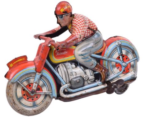 Technofix (Made in Germany) tinplate clockwork Motorcycle racer, lithographed in various colours, engine details, Metzeler Co