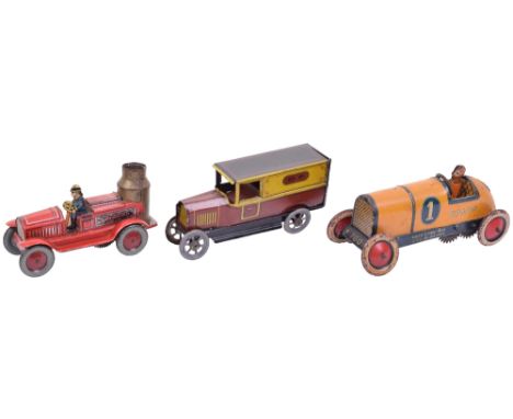 Lehmann Racing car, GF.91 Delivery van and US.zone Fire Engine, Lehmann 760 blue and yellow No.1 Racing car with driver and c