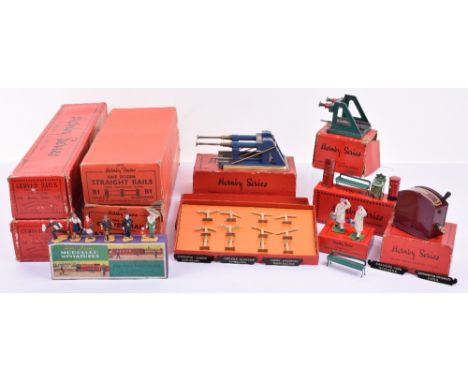 Boxed Hornby 0 Gauge Series Accessories, No.3 set of six Railway passengers figures, A898 Halls Distemper Advertisement, two 