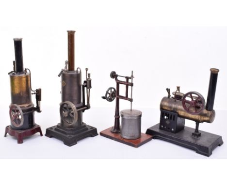 Three Stationary Steam Engines and a Butter Churn, German 1920s, Marklin vertical engine with single cylinder, flywheels, whi