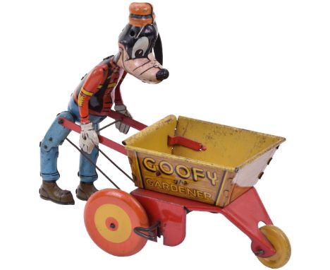 Marx (British) tinplate clockwork Goofy the Gardener, tin printed in various colours, Goofy with jointed legs pushing a three