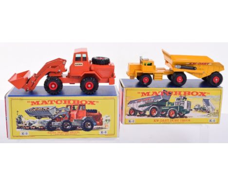 Two Boxed Matchbox Series King Size Models, K-2 2nd  issue KW Dart Dump Truck, yellow body, red plastic wheel hubs, in mint c