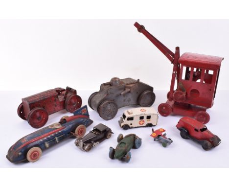 Small Quantity of playworn Tinplate toys, Triang Crane, Triang Tank and Tractor (both missing rubber tracks) Triang Minic LCC