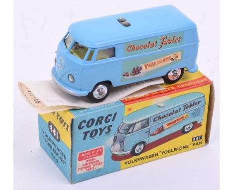 Corgi Toys boxed 441 Volkswagen Toblerone van, blue with lemon interior “Chocolat Tobler” transfers to sides, in excellent to