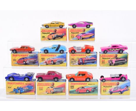 Matchbox ten Superfast Models, including rare 54b Ford Capri in purple in NEW 54 box with no Ford Capri words underneath, 19b