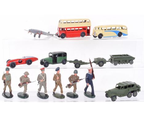 Unboxed Dinky Toys, including 23a Racing car, red/silver no ‘4’, 29c AEC London Bus, red/cream, 29e Single deck bus, cream wi