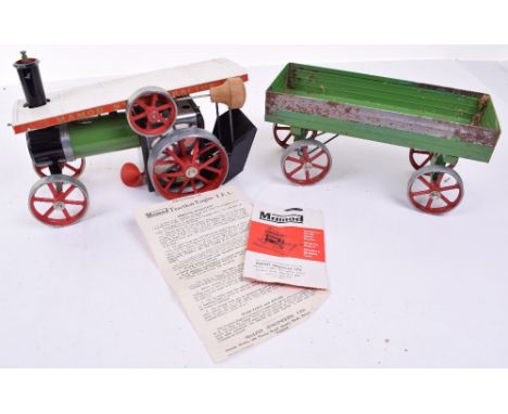 Mamod Traction Engine and Wagon, traction engine with single cylinder and flywheel, good condition, green wagon with red spok
