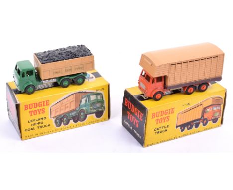 Two Boxed Budgie Toys Leyland Hippo Trucks, 206 Coal truck, green cab, light brown body, ‘Coal and Coke’ and 220 Cattle Truck