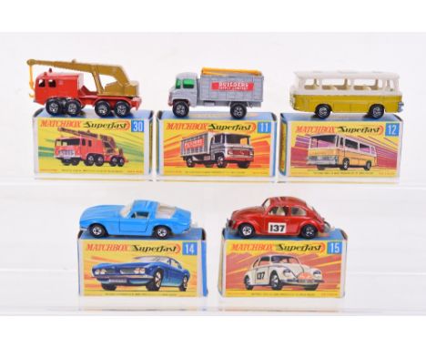 Matchbox five Superfast Models, 14a Iso Grifo, light blue, 11a Scaffolding truck with scaffold, 12b Setra Coach, gold with ra