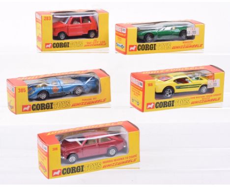 Five  Boxed Corgi Toys Whizzwheels Models, 166 Ford Mustang Organ Grinder Dragster, 203 Mangusta de Tomaso, 283 OSI Daf City 