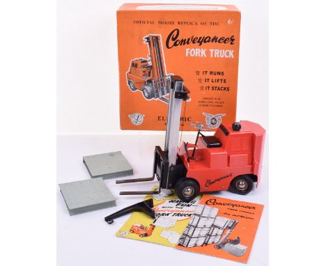 Victory Models boxed 1/14 scale electric Conveyancer Fork Truck, red plastic body with black and metal parts, boxed with two 