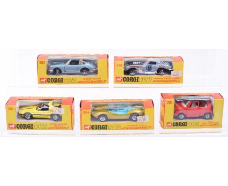 Five  Boxed Corgi Toys Whizzwheels Models, 283 OSI Daf City Car, 384 Adams Bros Probe 16, 386 Bertone Runabout Barchetta, 376