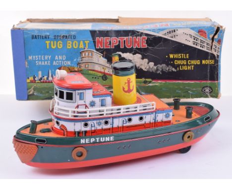 Japanese Tinplate Masudaya Battery Operated Tug Boat Neptune, fully working, with mystery and shake action, whistle, chug chu