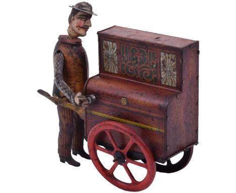 Distler Jacko the Merry Organ Grinder tinplate toy, lithographed organ grinder attached to brown decorated two-wheel organ wi