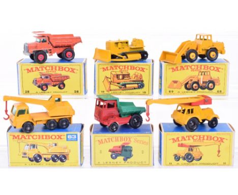 Six Matchbox Lesney Regular Wheels, 2c Muir Hill Dumper Truck, red/green ‘Laing’ in D-2 Box, 11c Jumbo Crane, yellow/red  in 
