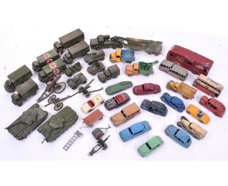 Selection of playworn Dinky toys, including Austin Atlantic, Rover 75, Studebaker, Hillman Minx, Austin Healey, Triumph, Vang