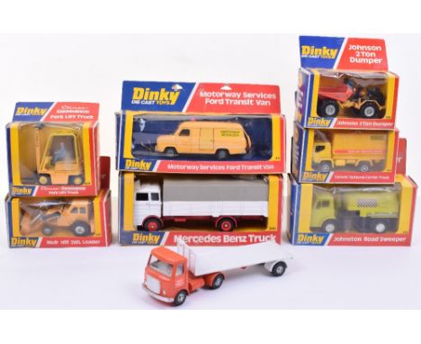 Dinky Toys Commercial Vehicles, late issues, 383 Convoy National carriers, 404 Fork Lift Truck, 417 Motorway services Ford tr