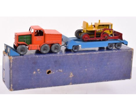 Early Lesney Moko large scale Prime Mover British Road Services, trailer and Bulldozer, orange tractor with green detachable 