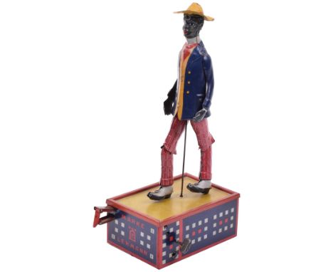 Lehmann tinplate clockwork 690 ‘OH-MY’ Alabama Jigger, jointed dancer with red cheque trousers, blue jacket, red tie and yell