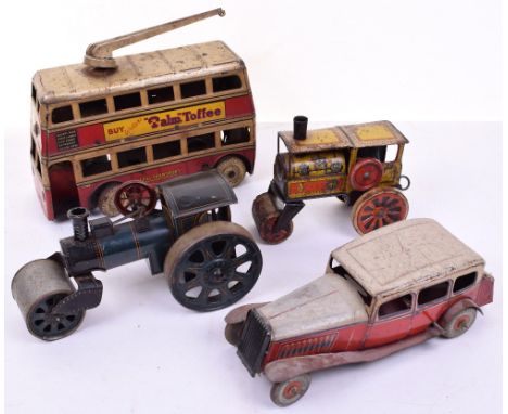 Tinplate two Road Rollers a Saloon car and Double Decker bus, clockwork Road Roller, dark green and black with red lining, ch