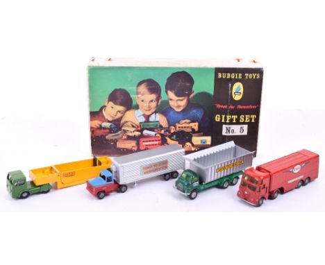 Budgie Toys Gift Set No 5, containing, 202 Refrigeration Truck red/blue cab silver trailer ‘Coast to Coast’, 256,Esso Aircraf